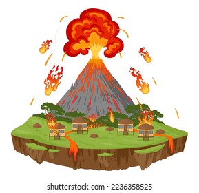 Cartoon volcano eruption, natural disaster. Environment damage, lava flows and fireballs, extreme cataclysm disaster flat vector illustration on white background