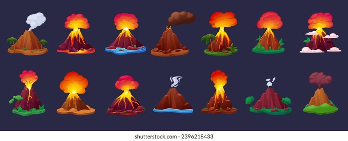 Cartoon volcano eruption processes. Volcanoes erupting with magma, fire, ashes and smoke. Hot lava erupted from mountains, game nowaday vector elements