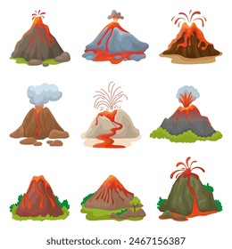 Cartoon volcano. Eruption processes, volcanoes with magma and fire fountains. Lava flows, volcanic eruptions natural disasters neoteric vector set