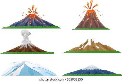 Cartoon volcano eruption set