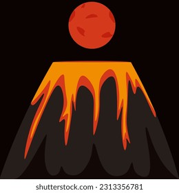 Cartoon Volcano isolated on black background with moon. Vulcan with Lava. Vector illustration.