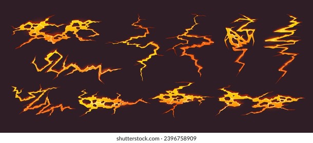 Cartoon volcano lava or magma fire with ground cracks, vector game effect background. Fiery flaming red yellow volcano magma burn or volcanic eruption hole with cracks in ground of molten stone rocks