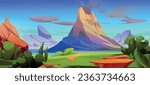 Cartoon volcano and prehistoric landscape background. Jurassic mountain scene with active volcanic eruption period drawing. Tropical nature environment with river, geology boulder and green grass