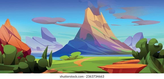 Cartoon volcano and prehistoric landscape background. Jurassic mountain scene with active volcanic eruption period drawing. Tropical nature environment with river, geology boulder and green grass