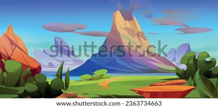 Cartoon volcano and prehistoric landscape background. Jurassic mountain scene with active volcanic eruption period drawing. Tropical nature environment with river, geology boulder and green grass