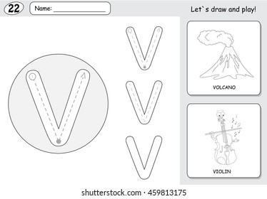 Cartoon volcano and violin. Alphabet tracing worksheet: writing A-Z, coloring book and educational game for kids