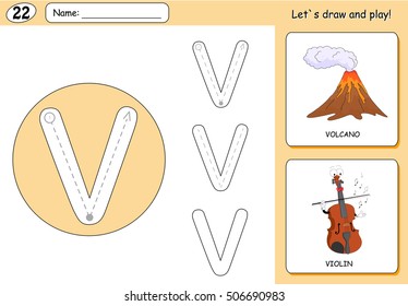Cartoon volcano and violin. Alphabet tracing worksheet: writing A-Z, coloring book and educational game for kids