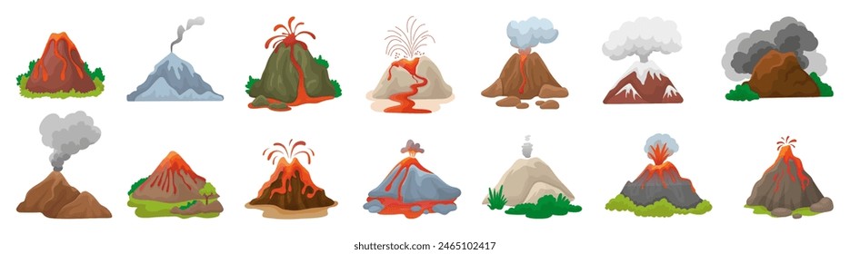 Cartoon volcanoes eruption. Volcano processes, natural disasters with fire fountains, flames, ashes and smokes. Nature elements, neoteric vector set