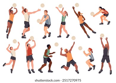 Jugadores de voleibol de dibujos animados. Personajes deportivos de Profesional, hombres y mujeres atletas en uniforme, diferentes poses dinámicas, juego de pelota, juego de equipo, campeonato o torneo Vector ordenado conjunto aislado