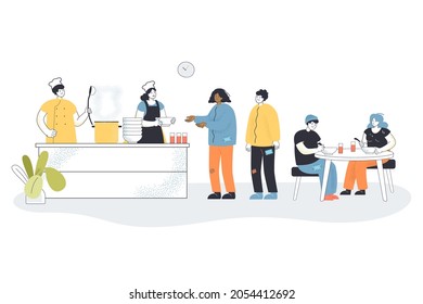 Cartoon volunteers cooking food for homeless people in shelter. Poor characters eating in refectory at night flat vector illustration. Charity, support concept for website design or landing web page