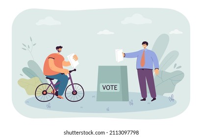 Cartoon voter riding bicycle towards ballot box. People voting for candidates flat vector illustration. Election, politics, government concept for banner, website design or landing web page