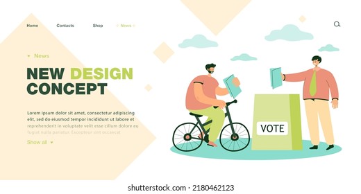 Cartoon voter riding bicycle towards ballot box. People voting for candidates flat vector illustration. Election, politics, government concept for banner, website design or landing web page