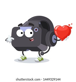 cartoon VR Virtual Reality headset character mascot keeps the heart on white background