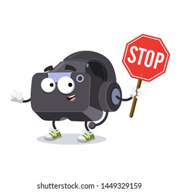 cartoon VR Virtual Reality headset mascot with tablet stop in hand on white background