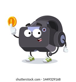 cartoon VR Virtual Reality headset mascot keeps the coin on white background