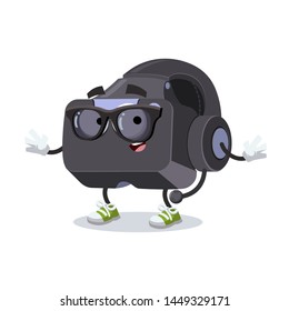 cartoon VR Virtual Reality headset character mascot in black sunglasses on a white background