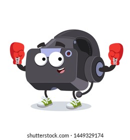 cartoon VR Virtual Reality headset mascot in red boxing gloves on white background