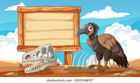 Cartoon vulture beside a blank wooden sign