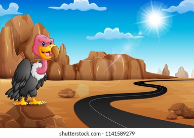 Cartoon vulture on rock with empty road in the desert