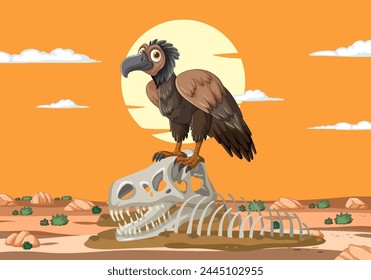 Cartoon vulture standing on a skeleton in desert
