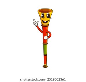 Cartoon vuvuzela groovy instrumento musical personagem. Tubo brilhante vetor isolado, personagem de trompete cômico engraçado com cara feliz, anunciando festa de aniversário, celebração do festival ou torneio de futebol