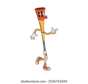 Cartoon vuvuzela groovy instrumento musical personagem com cara feliz. Tubo brilhante vetor isolado, personagem de trompete cômico engraçado anunciando festa de aniversário, celebração do festival ou torneio de futebol