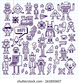 Cartoon wacky childish doodle set 2. School notebook. Vector illustration. Hand drawn. 