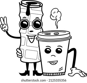 Cartoon Waffle Hugging A Cup Of Coffee