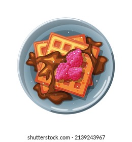 Cartoon waffles with chocolate and raspberries.