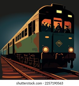 Cartoon wagons with passengers on rails. Vector illustration of a speeding train in the night