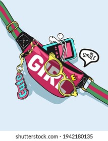 cartoon waist bag with accessories vector illustration