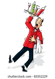 Cartoon Kellner kurz davor, die Getränke auszugeben. Einzeln auf Weiß