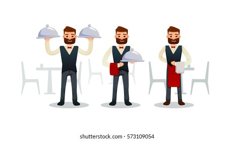 Cartoon waiter with beard. different poses. Vector illustration. White background. Isolated.set