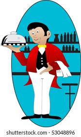 a cartoon waiter with a blue oval shape