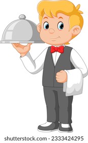 Cartoon waiter boy holding a serving tray of illustration