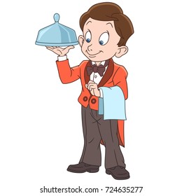 Cartoon waiter boy holding tray for hot dishes. Colorful book page design for kids and children.