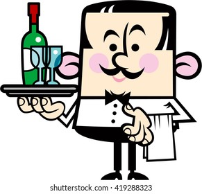 Cartoon waiter carrying a tray with wine bottle and glasses