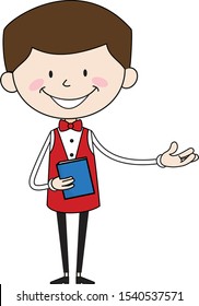 Cartoon Waiter Caterer - Holding a Book and Presenting Vector