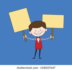 Cartoon Waiter Caterer - Holding Placards in Both Hands