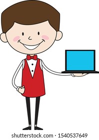 Cartoon Waiter Caterer - Presenting a Laptop Vector