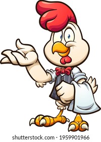 Cartoon waiter chicken with vest and bow tie. Vector clip art illustration with simple gradients. All on a single layer. 
