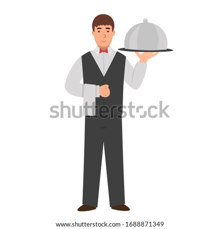 Cartoon waiter with covered tray, character for children. Flat vector illustration.