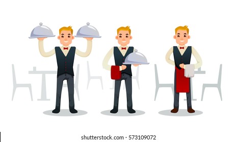 Cartoon waiter. different poses. white background. Vector illustration. isolated on white. set