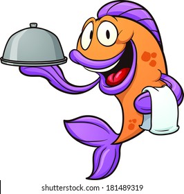 Cartoon waiter fish. Vector clip art illustration with simple gradients. Fish and tray on separate layers. 