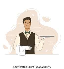 Cartoon Waiter Hold Empty Serving Tray For Food. Vector Flat Illustration