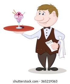 Cartoon Waiter Holding a Tray with a Glass Vase of Pink Ice Cream, Cherry Berries and Wafers. Eps10, Contains Transparencies. Vector