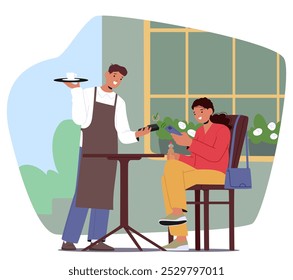 Cartoon Waiter Holds A Tray And A Card Machine Processes A Contactless Payment For A Seated Customer At An Outdoor Cafe. Customer Uses Her Smartphone To Pay, Smiling As The Transaction Takes Place