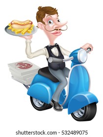 Cartoon Waiter on Scooter Moped Delivering Hotdog