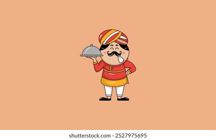 Cartoon waiter in traditional attire holding a food tray.