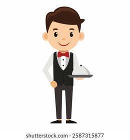 Cartoon waiter in uniform with a tray in his hand.Waiter profession. Isolated on white background. Front  view .Vector illustration. 